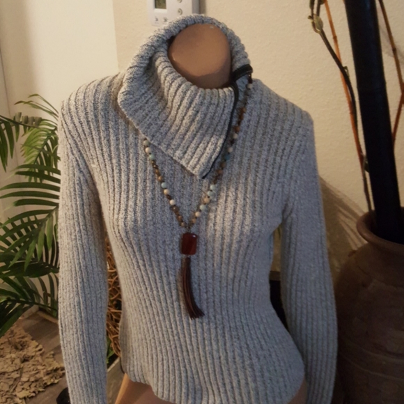 SWEATER GRAY BLACK WITH LEATHER TRIM RIBBED SIZE M - Picture 5 of 16